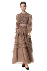 Eliana Embroidered Sequin Mesh Maxi Dress In Brown